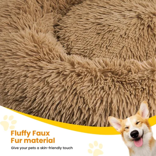 Miniatura 2 de Camas calmantes para perros grandes, cama para perros acolchonada de dona de piel sintética, almohada redonda y esponjosa, cama lavable para Marrón