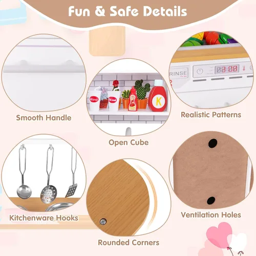Miniatura 7 de Costzon Juego de cocina para niños, juego de cocina de juguete de madera con pizarra, grifo, fregadero, horno, microondas, lavavajillas, accesorios