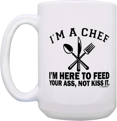 Miniatura 3 de Regalos de chef para mujeres, con texto en inglés "I I'm A Chef Here to Feed Your Ass Not Kiss It" Taza de café de 15 onzas color blanco 15oz