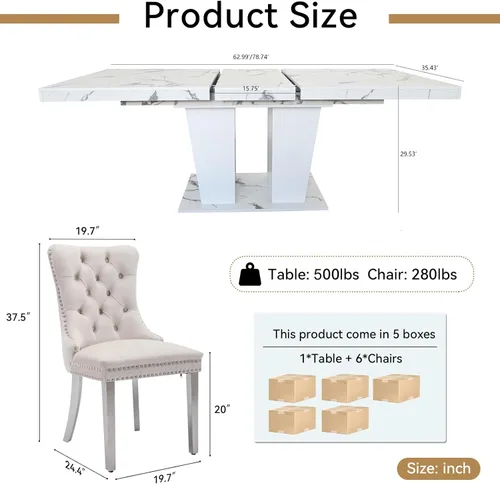 Miniatura 7 de Henf Juego de mesa de comedor extensible de 7 piezas para 6, 160 cm-200 cm Mesa de cocina extensible de grano de mármol blanco con 6 sillas Blanco