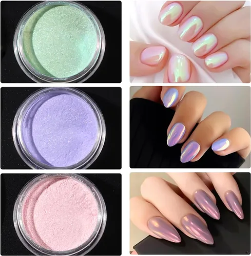 Miniatura 6 de 10 colores de sirena perla cromada polvo de uñas, polvo iridiscente Aurora efecto espejo metálico pigmento perlado arte uñas brillo polvo kit