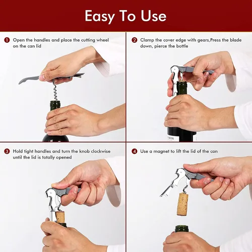 Miniatura 5 de RECUTMS Paquete de 12 sacacorchos para botellas de vino, acero inoxidable resistente con cortador de papel de aluminio, pequeño regalo de acero Gris