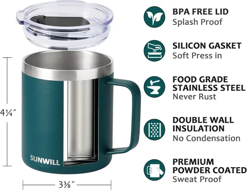 Miniatura 2 de SUNWILL - Taza de café con asa de 14 onzas, aislada, de acero inoxidable, reutilizable, de doble pared con recubrimiento en polvo; para viajes
