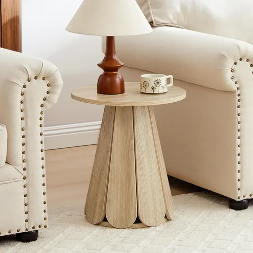Miniatura 8 de Mesita de noche redonda pequeña, mesa auxiliar moderna de mediados de siglo con base de pétalos, mesita de noche de madera para dormitorio, sala