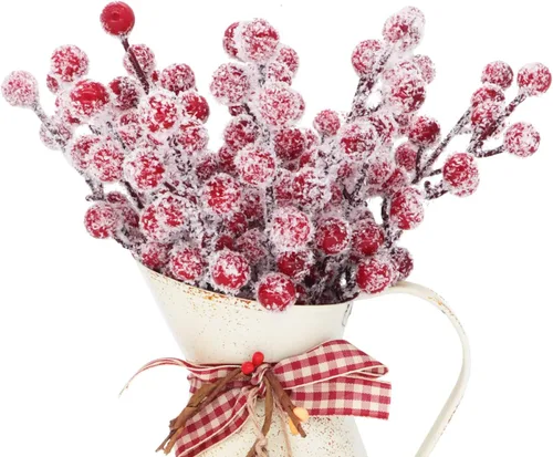 Miniatura 2 de 24 Piezas Tallos Artificiales de Bayas de Acebo de 9" Selecciones de Bayas de Navidad Rociadores Bayas Rojas Falsas Nevadas para Ramas de Árbol