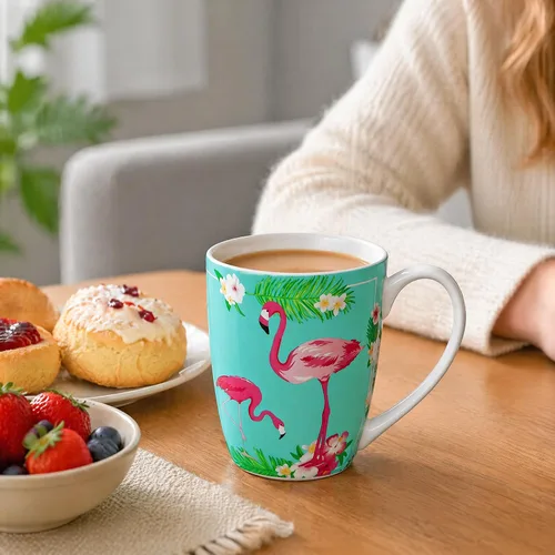 Miniatura 4 de Taza de porcelana de hueso flamenco de 12.5 oz con plantas tropicales Porcelana de hueso ligera, ideal para los amantes del flamenco, taza de café