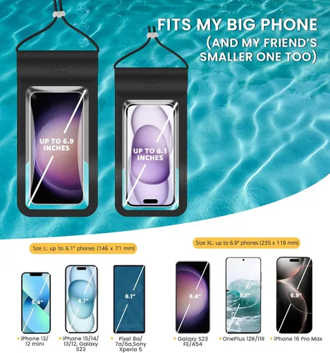 Miniatura 6 de HiRui Funda impermeable universal para teléfono con pantalla táctil, IP68 impermeable, bolsa seca para playa, compatible con iPhone Negro
