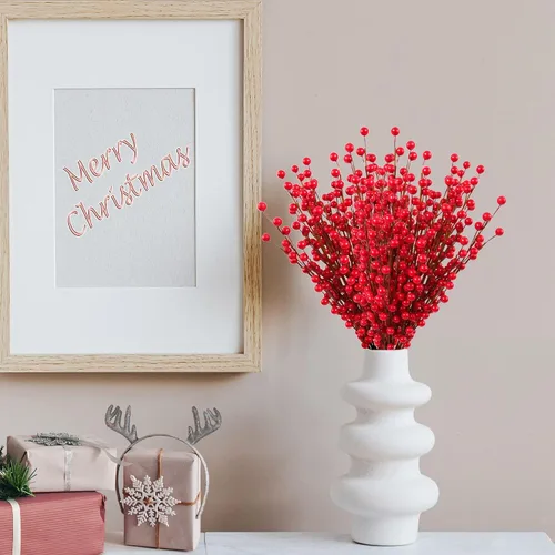 Miniatura 3 de Larksilk Púas de tallo de bayas de acebo rojo – 35 bayas, detalles navideños de 17 pulgadas para coronas y decoración, 3 piezas Faux berry