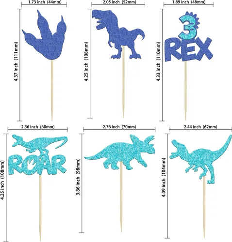 Miniatura 2 de Gyufise 24 piezas de adornos de dinosaurios con purpurina azul 3 Rex Roar Dinosaur Cupcake Picks Three Years Old Dino Theme Baby Shower 3er Birthday