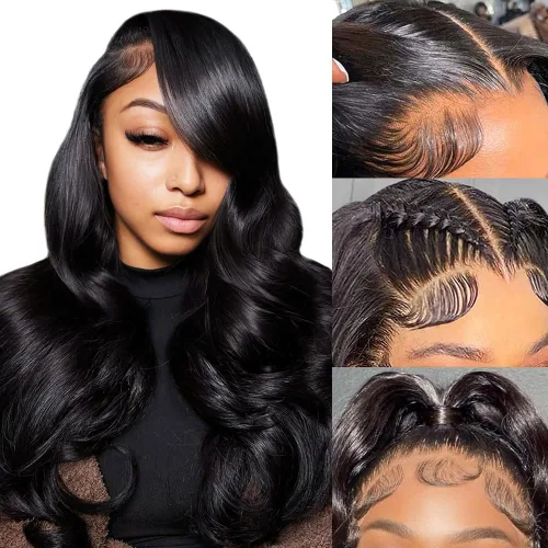 LuAiJa Peluca de cabello humano ondulado con encaje frontal, cabello humano prearrancado, encaje frontal HD de 13 x 4, densidad 180, cabello de Negro