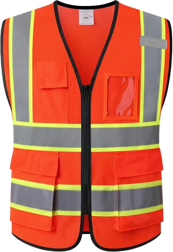 Miniatura 13 de Chaleco de seguridad de malla reflectante para hombres y mujeres con 5 bolsillos y cremallera frontal, chaleco de malla de alta visibilidad Hi Vis