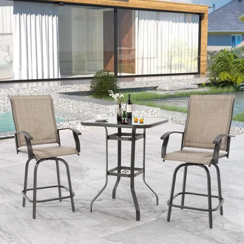 Miniatura 9 de UDPATIO Juego de 4 taburetes de bar giratorios para exteriores, taburetes altos para exteriores con tela textil impermeable, reposabrazos, Marrón