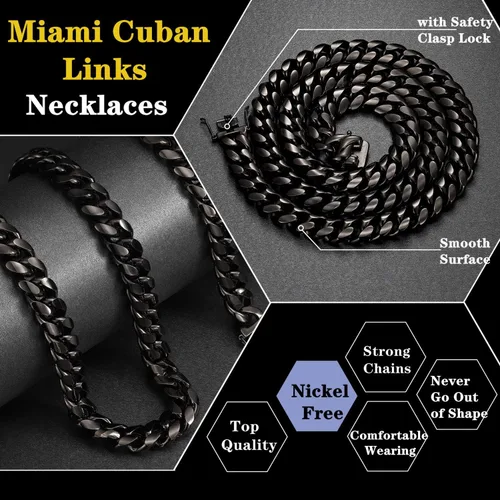 Miniatura 2 de ROWINCO - Cadena para hombre color negro pesada grande de acero inoxidable 316L cadena de eslabones cubanos cadena de joyería de hip hop 0591in