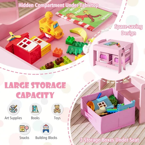 Miniatura 3 de KOTEK Juego de mesa y 2 sillas de madera para niños con pizarra y cajones de almacenamiento, mesa de actividades múltiples para niños para aprender