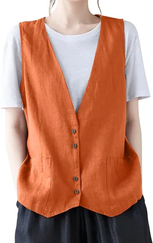 Miniatura 9 de COTECRAM Chaleco de lino de algodón para mujer, casual, sin mangas, con botones, ligero, para verano, holgado, ropa de abrigo