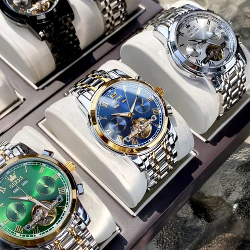 Miniatura 2 de OLEVS Relojes de cuerda automática para hombre vestido mecánico automático Tourbillon de acero inoxidable doble calendario impermeable luminoso