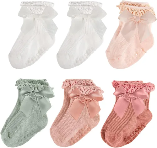 Miniatura 15 de Calcetines para bebé niña con agarre antideslizante con volantes con lazos, algodón suave, calcetines con empuñaduras para bebé recién nacido