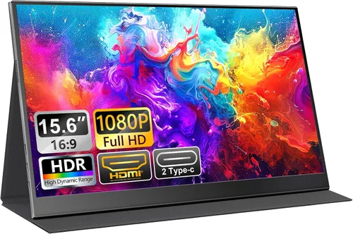 UFYQL Monitor portátil para computadoras portátiles, pantalla IPS FHD 1080P de 15.6 pulgadas, altavoces integrados, USB-C/HDMI, incluye funda