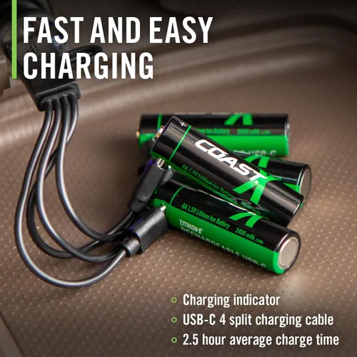 Miniatura 4 de Baterías recargables Coast AA USB-C, ZITHION-X, iones de litio 1.5v 2400 mAh, larga duración, se cargan en menos de 2.5 horas, cable de carga