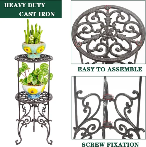Miniatura 5 de Sungmor Soporte para macetas de hierro fundido resistente, estante de metal de 2 niveles de 26 pulgadas, soporte decorativo para macetas