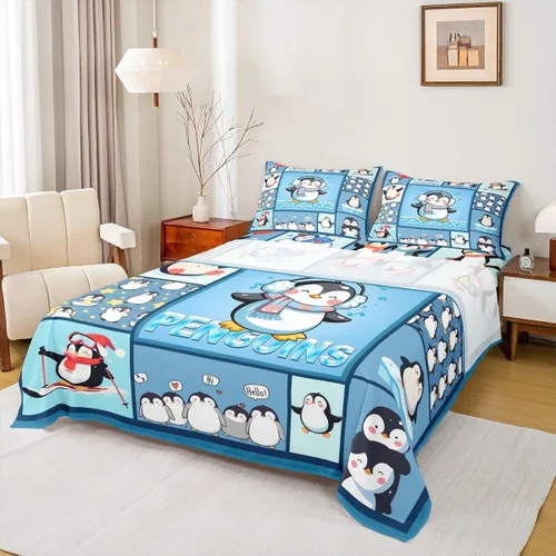 Juego de sábanas de dibujos animados para niños, tamaño King, bonito juego de ropa de cama de esquí de animales árticos, decoración de habitación de