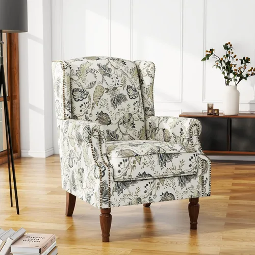 Miniatura 21 de Silla de Acento de Respaldo Alto, Sillón Tapizado en Tela para Sala de Estar, Sillón Wingback con Estampado Floral con Patas de Madera Maciza, Sofá