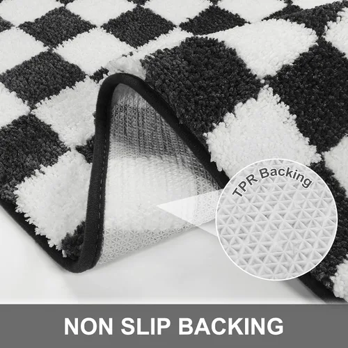 Miniatura 4 de Alfombras redondas a cuadros para baño, lavables a máquina, negras y blancas de 2 pies, alfombrilla de baño antideslizante y absorbente, alfombra