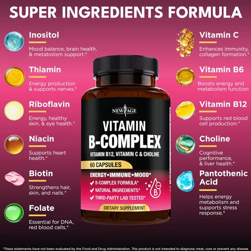 Miniatura 2 de Complejo de vitamina B para hombres y mujeres - Hecho en Estados Unidos - Complejo B: B1, B2, B3, B5, B6, B7, B8, B9, B12 con vitamina C, colina