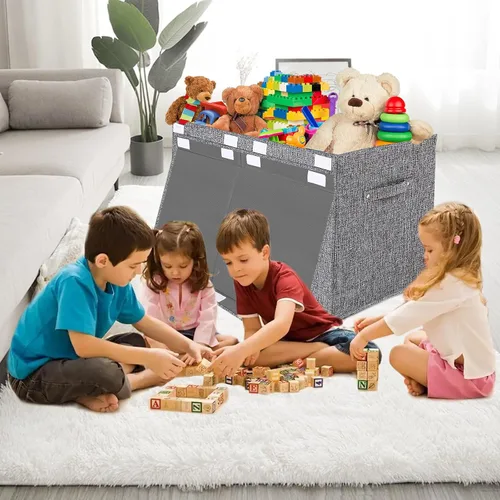 Miniatura 9 de Contenedor plegable de almacenamiento de juguetes con tapa, gran capacidad de 82 litros, organizador gris neutro que ahorra espacio para sala