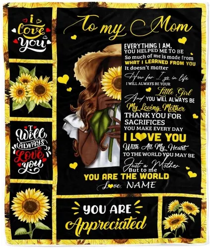 Manta de vellón personalizada con texto en inglés «To My Mom», diseño de girasol de hija e hijo, carta de amor con texto en inglés «You are the