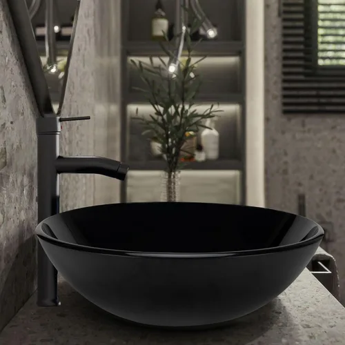 Miniatura 9 de YIMAI Lavabo de Vidrio Negro 16.5" x 16.5" x 5.5" – Vidrio Templado Sobre Encimera Lavabo Redondo para Baño Tazón de Encimera Lavabos Modernos
