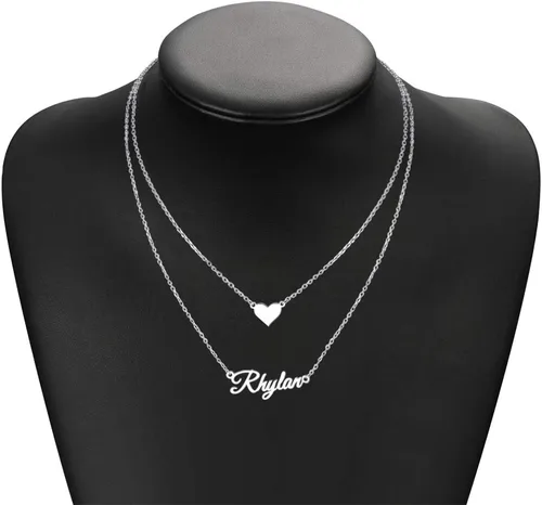 Miniatura 3 de Gargantilla MeMoShe con nombre personalizable, superpuesta, con corazón, chapada en oro de 18K con colgante de nombre