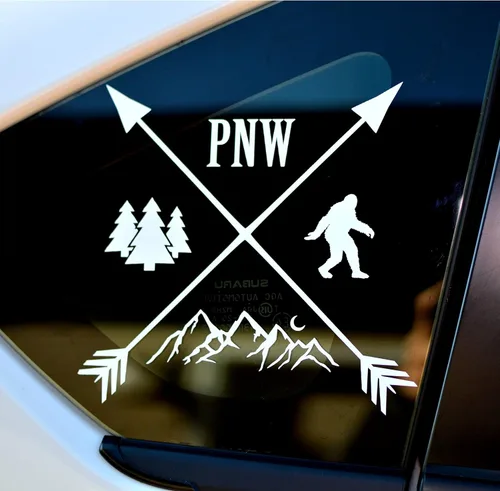 PNW - Calcomanía de pie grande, diseño de montaña/árbol, diseño de coche/portátil Blanco