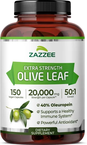 Zazzee Extracto de hoja de olivo extra fuerte 50:1, 40% de oleuropeína, 150 cápsulas veganas, suministro para 5 meses, Olea Europaea, fuente