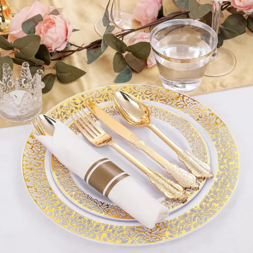 Miniatura 2 de DaYammi 210 platos de plástico dorados, juegos de vajilla de plástico dorado, incluye: 30 platos llanos, 30 platos de ensalada, 30 servilletas Y oro.