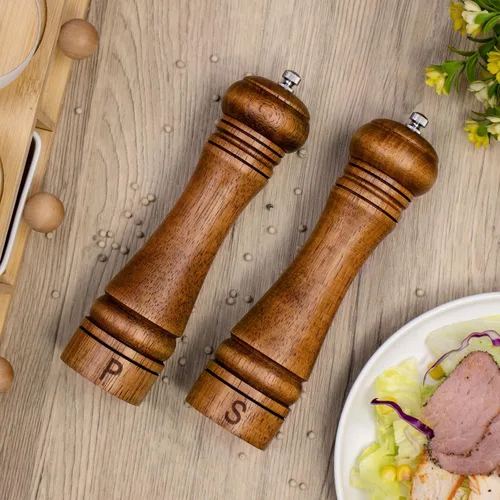 Miniatura 5 de Juego de molinillos de sal y pimienta de madera, molinos de sal y pimienta recargables ajustables para grosor, hechos de madera de roble maciza