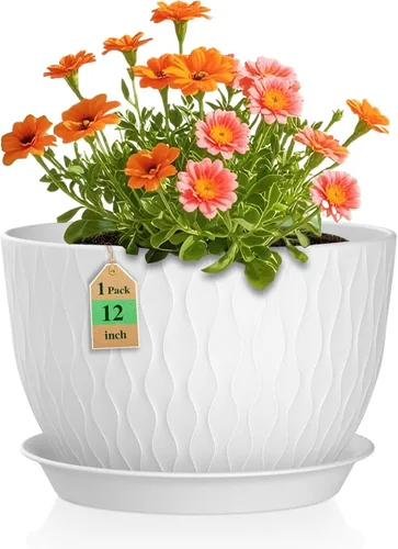 Miniatura 10 de WSMKSZ Macetas Grandes de 12 Pulgadas para Plantas de Interior o Exterior, Macetas de Flores con Amplias Ondas de Agua, con Agujeros de Drenaje