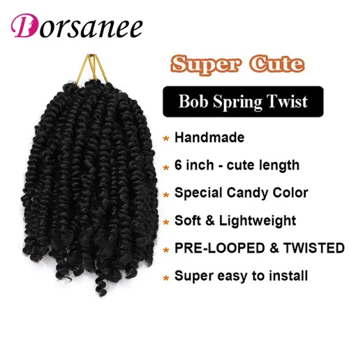 Miniatura 2 de Dorsanee Extensiones de cabello sintético corto estilo Bob Spring Twist de 6 pulgadas, 6 paquetes de extensiones de cabello sintético pretrenzado