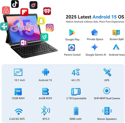 Miniatura 2 de Tablet Android 15 2 en 1 de 10 pulgadas con teclado, mouse y funda, 4G LTE celular, 12 GB de RAM + 64 GB de ROM (2 TB expandible), MediaTek Paquete