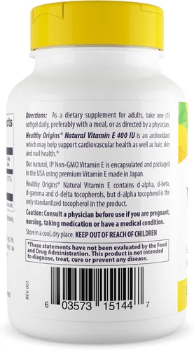 Miniatura 3 de Healthy Origins Vitamina E 400 UI (268 mg), 90 cápsulas blandas líquidas – Tocoferoles mixtos naturales (d-alfa, d-beta, d-gamma, d-delta) – Apoya