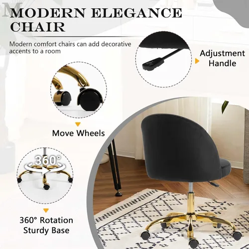 Miniatura 5 de Silla de tocador negra y dorada con respaldo, silla pequeña para tocador, sillas de maquillaje giratorias de terciopelo y bonitas sillas déak