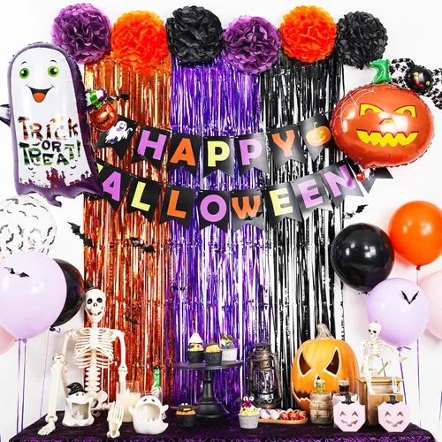 Miniatura 2 de Juego de decoraciones de fiesta morado, negro y naranja, kit de decoraciones de Halloween que incluye pancarta HAPPY HALLOWEEN, globos de papel