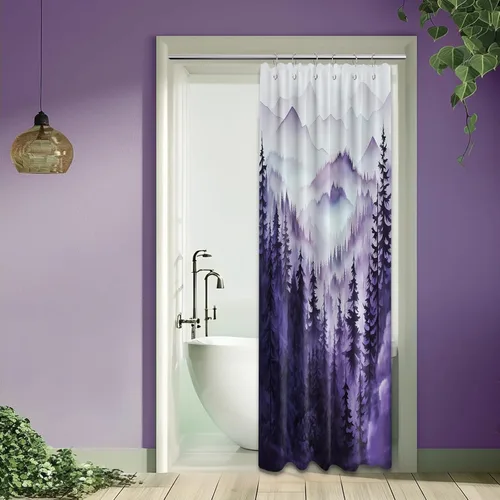 Miniatura 42 de Cortina de ducha azul marino de bosque Cortina de ducha azul oscuro de montaña y naturaleza para decoración de baño de hombres, tela impermeable