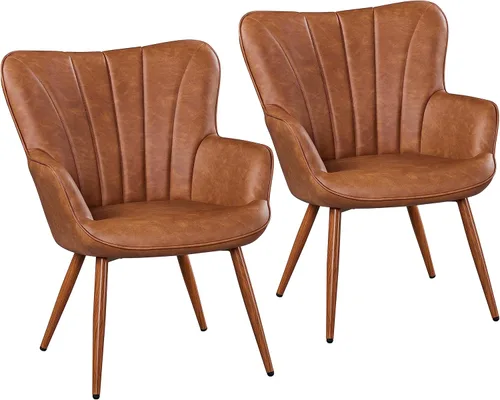 Yaheetech Sillón de piel sintética, silla moderna con patas de metal, cómoda silla tapizada para sala de estar, dormitorio, tocador, marrón, 2 piezas