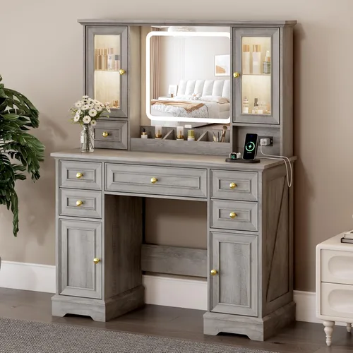 Tocador con espejo y luces, tocador de maquillaje con toma de corriente y puertos USB, mesa de tocador estilo granja, 6 cajones y 4 gabinetes de