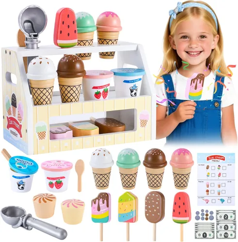 Juguetes de helado de madera para niños, juguetes de cocina de juego de roles, juego de alimentos de tienda de mostrador de tamaño pequeño para