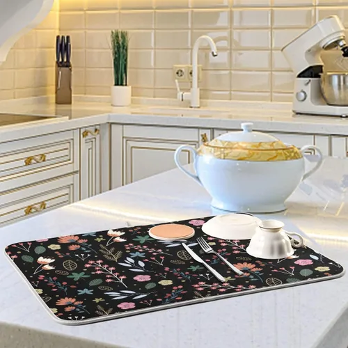 Miniatura 6 de Tapete de secado de platos de flores de fondo negro para encimera de cocina de 18 x 24 pulgadas, tapete de microfibra absorbente, tapete de secado