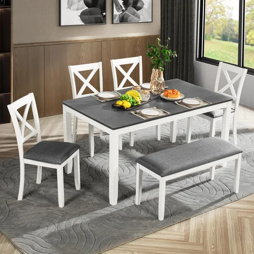 Miniatura 11 de Bellemave Juego de mesa de comedor de 6 piezas para 6 mesas de cocina rectangulares con 4 sillas de comedor y banco, juego de comedor para 6