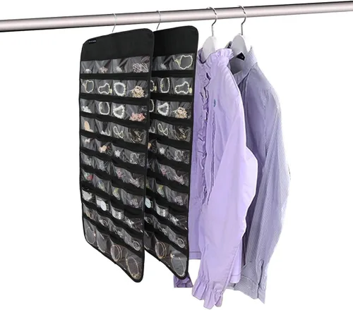 Miniatura 5 de Organizador colgante de doble cara para joyas, soporte para herramientas pequeñas con 80 bolsillos transparentes (negro)