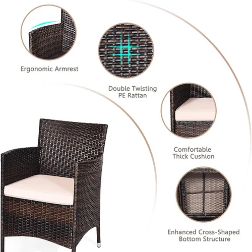 Miniatura 6 de HAPPYGRILL Juego de muebles de mimbre de mimbre para patio de 3 piezas, juego de conversación de ratán al aire libre con mesa auxiliar, sillas